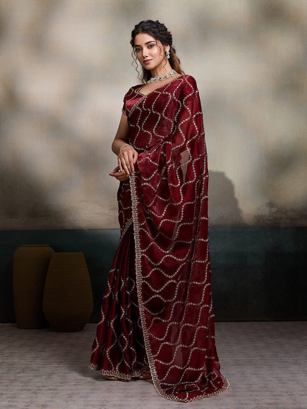 Maroon Embroidered Jimmy Choo Fandy Party Wear Saree with Blouse