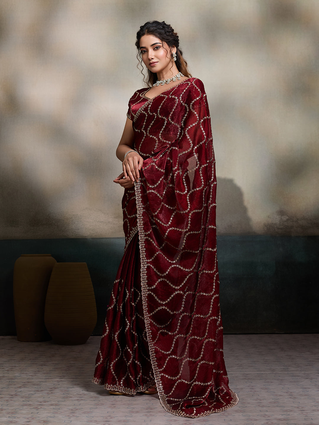 Maroon Embroidered Jimmy Choo Fandy Party Wear Saree with Blouse
