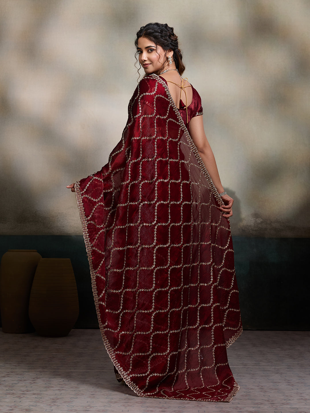 Maroon Embroidered Jimmy Choo Fandy Party Wear Saree with Blouse