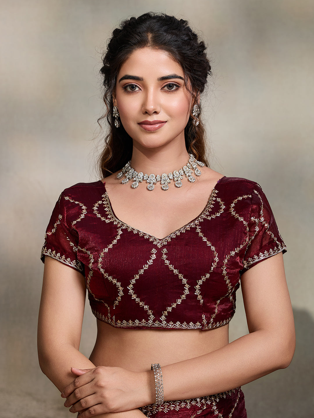 Maroon Embroidered Jimmy Choo Fandy Party Wear Saree with Blouse