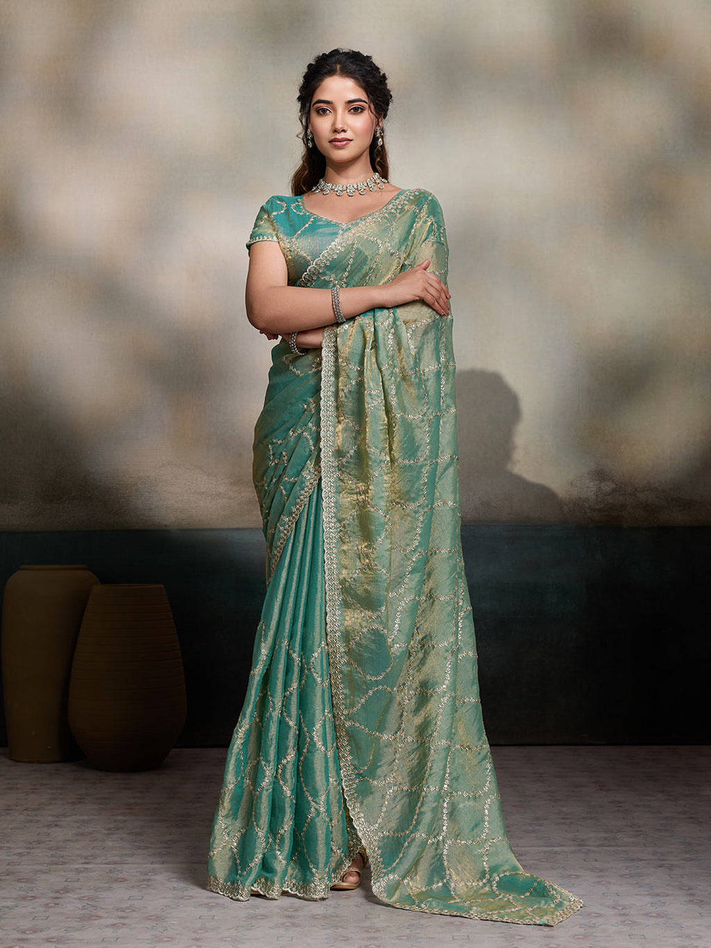 Turquoise blue embroidered Jimmy Choo Fandy party wear saree