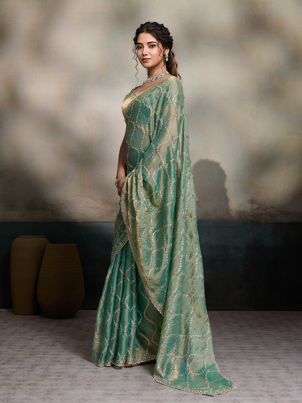 Turquoise Blue Embroidered Jimmy Choo Fandy Saree with Blouse