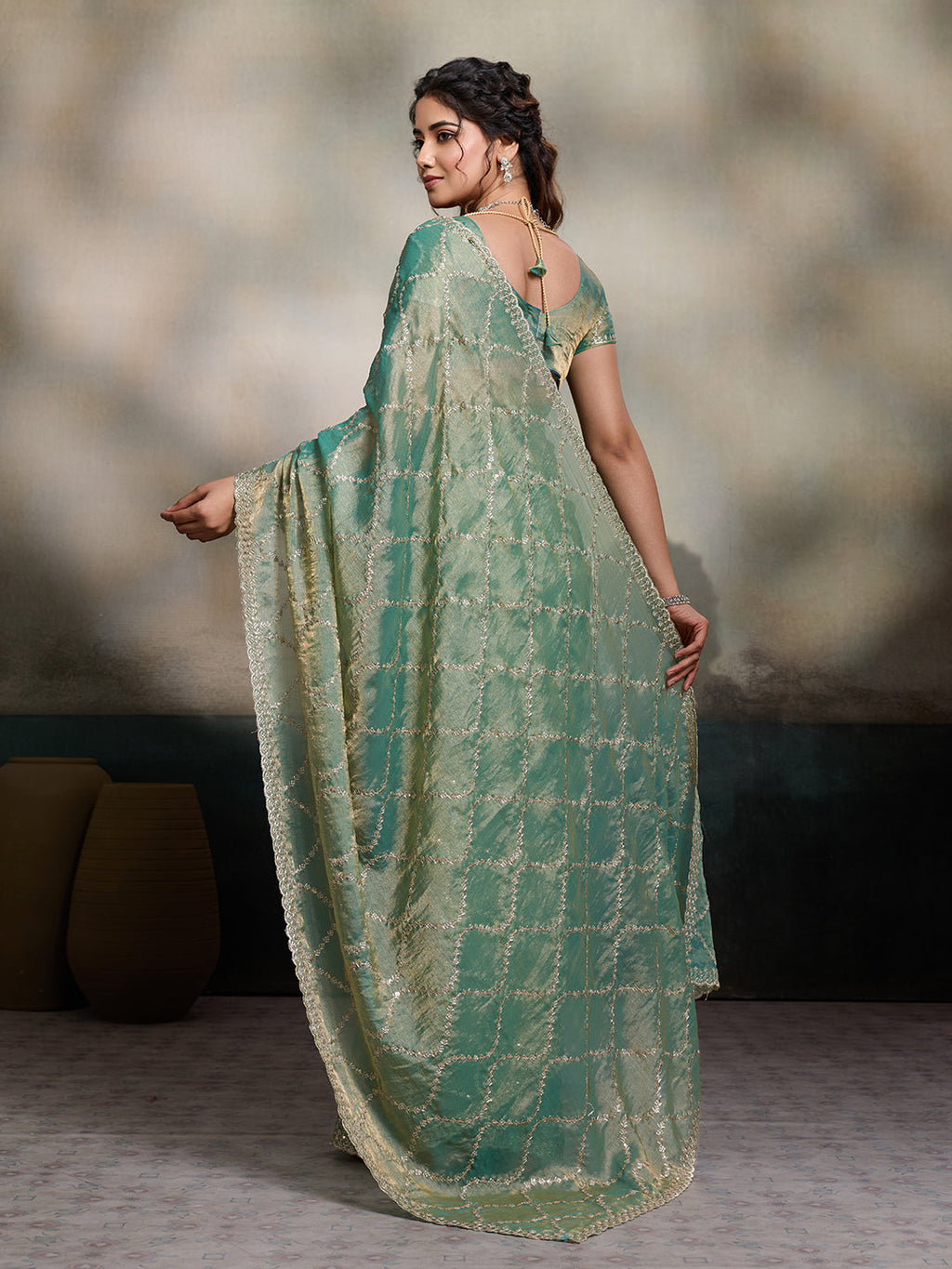 Turquoise Blue Embroidered Jimmy Choo Fandy Saree with Blouse