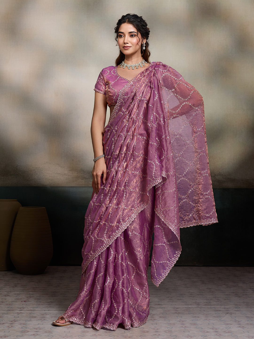 Purple Jimmy Choo Fandy embroidered party wear saree with unstitched blouse