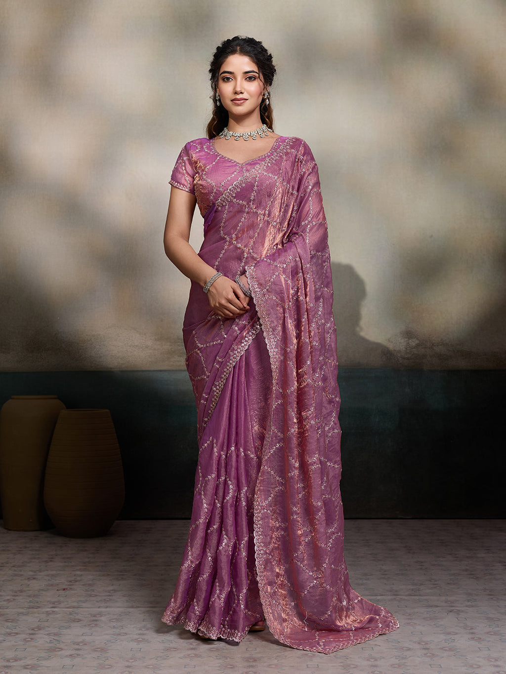 Purple Embroidered Jimmy Choo Fandy Party Wear Saree