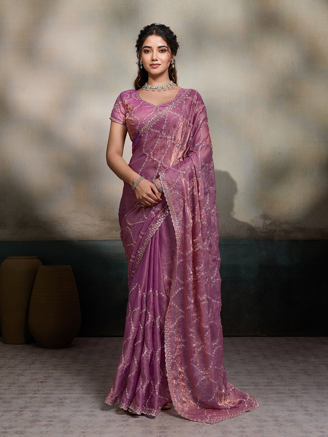 Purple Embroidered Jimmy Choo Fandy Party Wear Saree