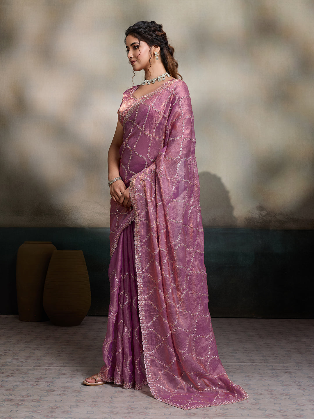 Purple Embroidered Jimmy Choo Fandy Party Wear Saree