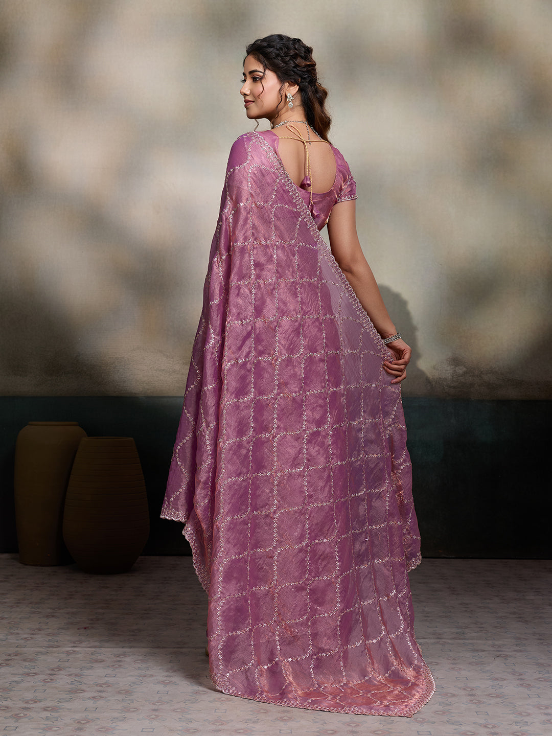 Purple Embroidered Jimmy Choo Fandy Party Wear Saree
