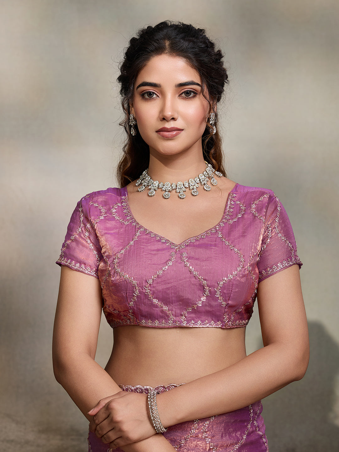 Purple Embroidered Jimmy Choo Fandy Party Wear Saree