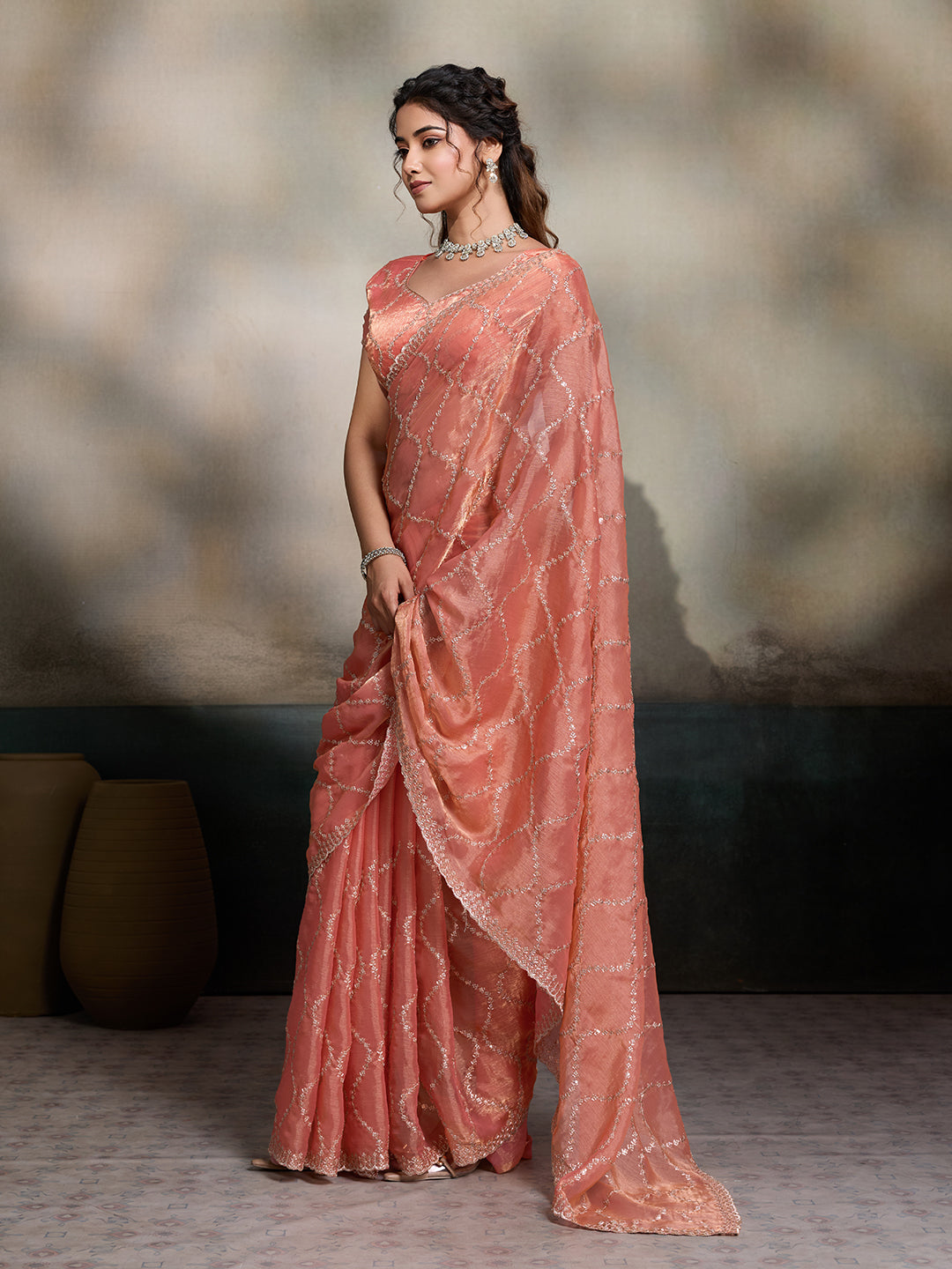 Peach Embroidered Jimmy Choo Fandy Saree with Unstitched Blouse