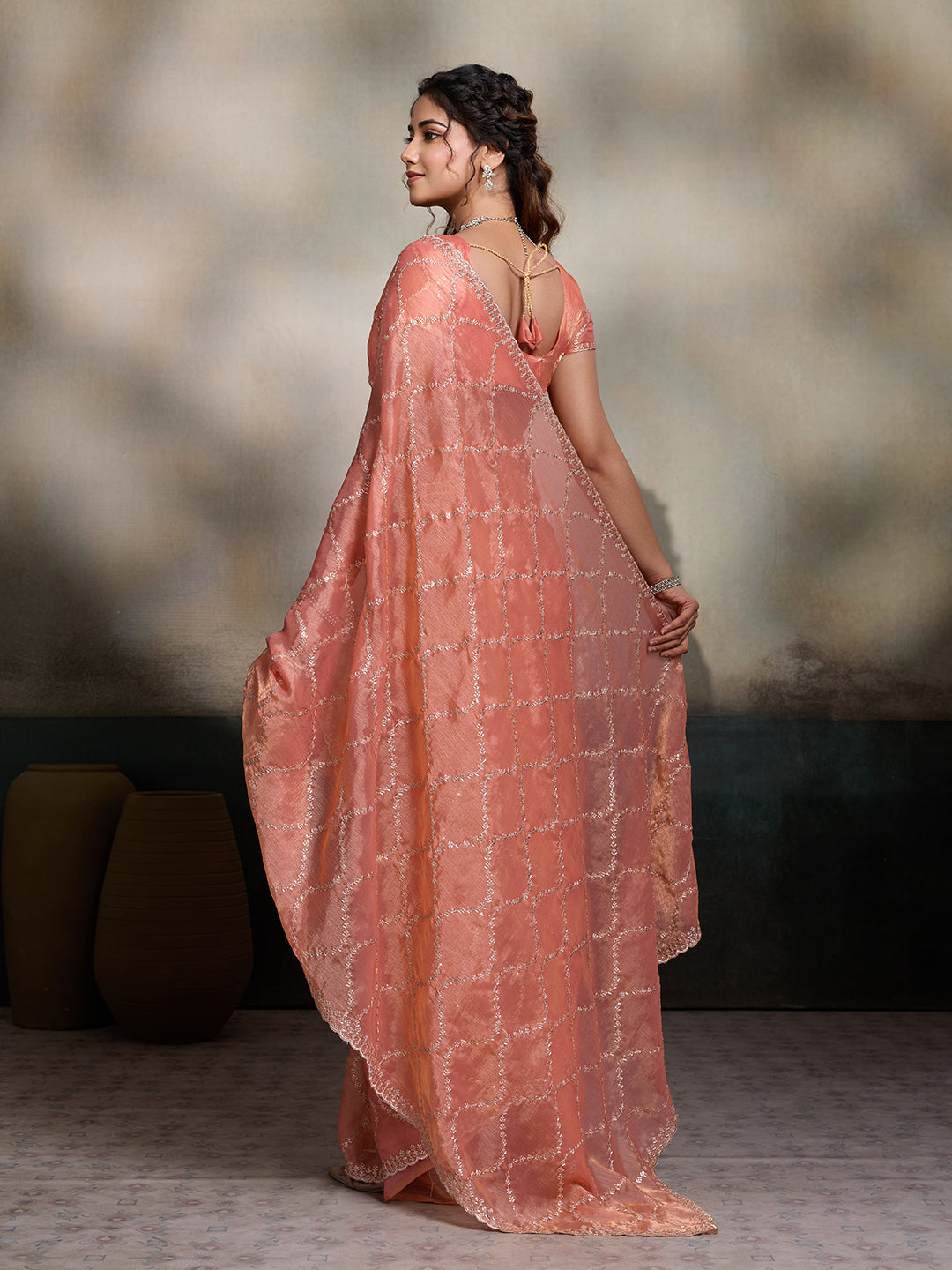 Peach Embroidered Jimmy Choo Fandy Saree with Unstitched Blouse