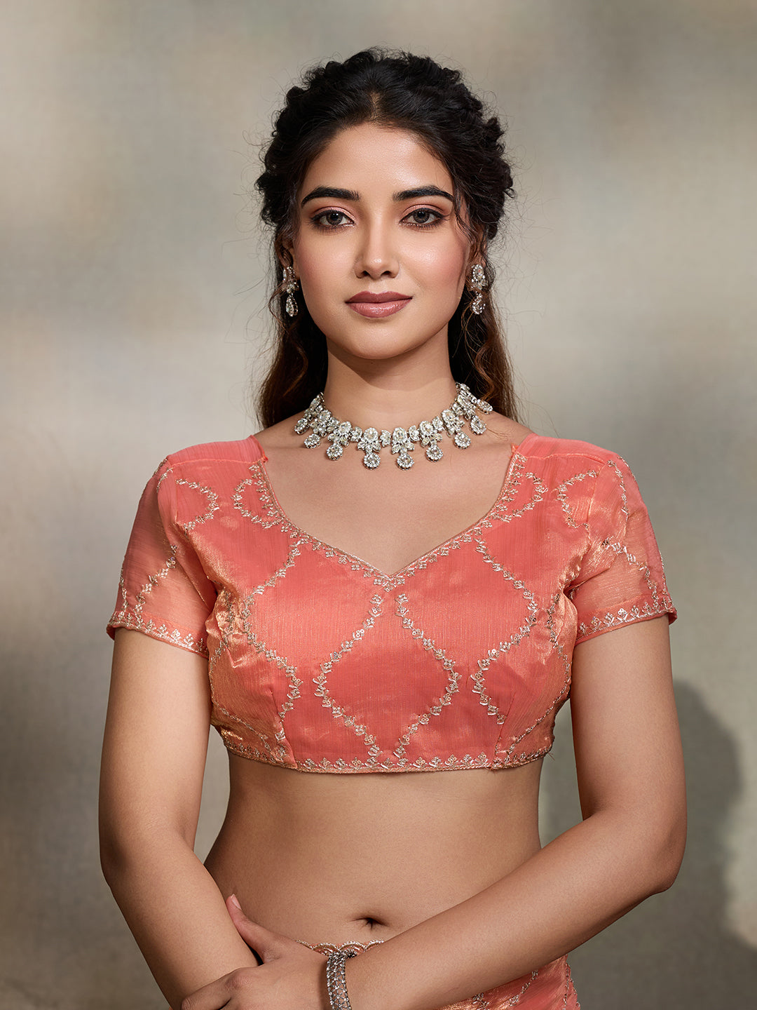 Peach Embroidered Jimmy Choo Fandy Saree with Unstitched Blouse