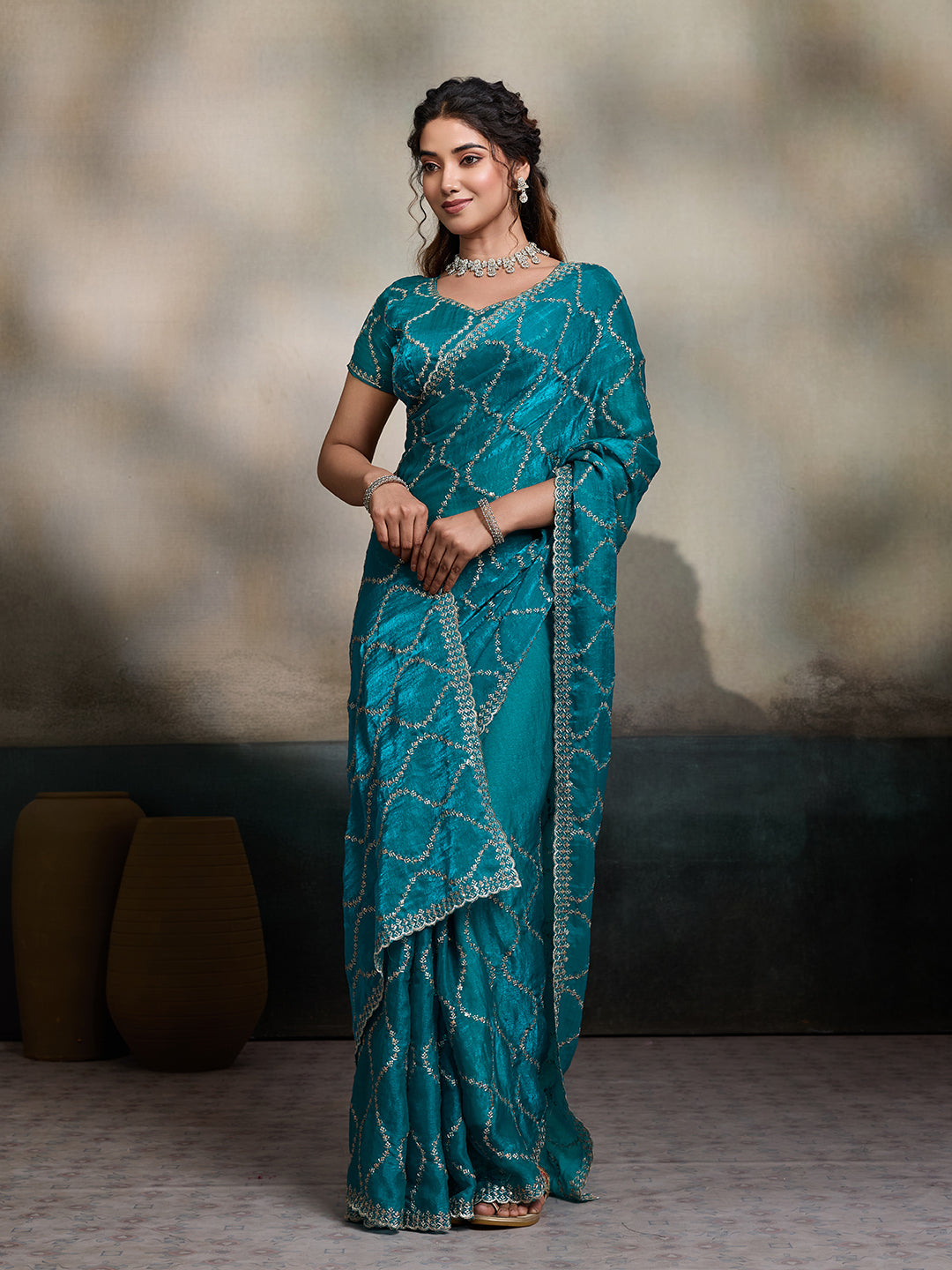 Teal Blue Jimmy Choo Fandy embroidered party wear saree with unstitched blouse