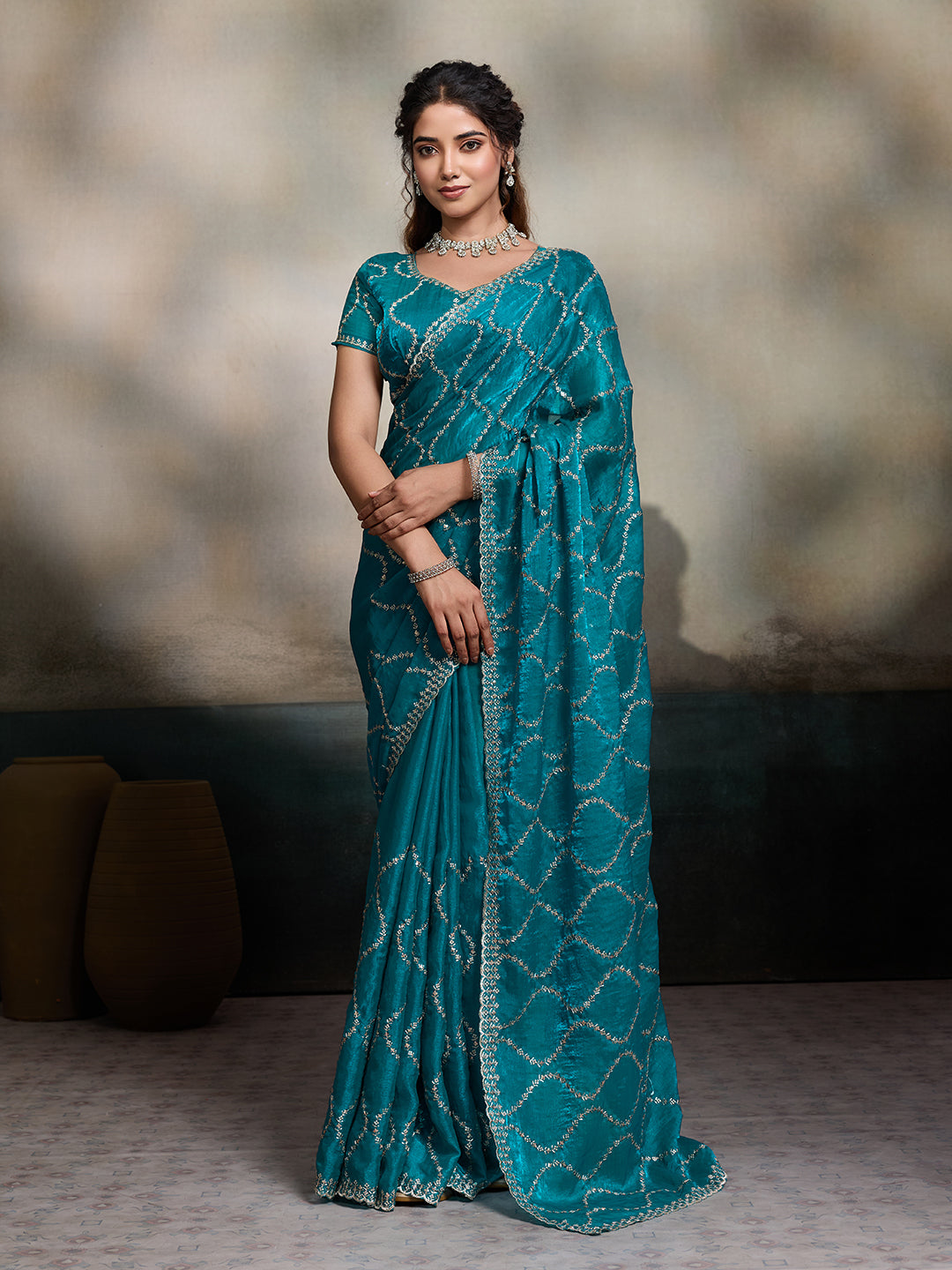 Teal Blue Embroidered Jimmy Choo Fandy Party Wear Saree