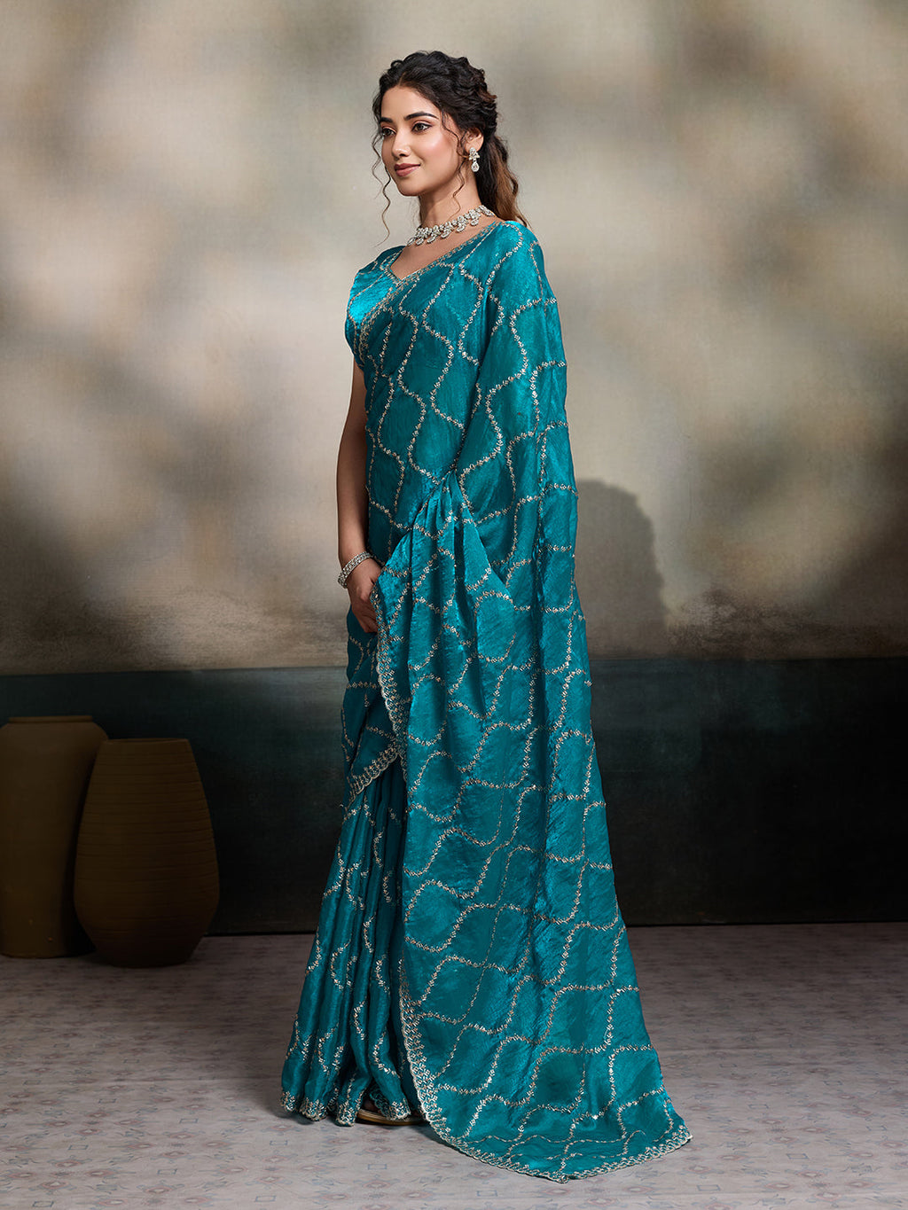 Teal Blue Embroidered Jimmy Choo Fandy Party Wear Saree