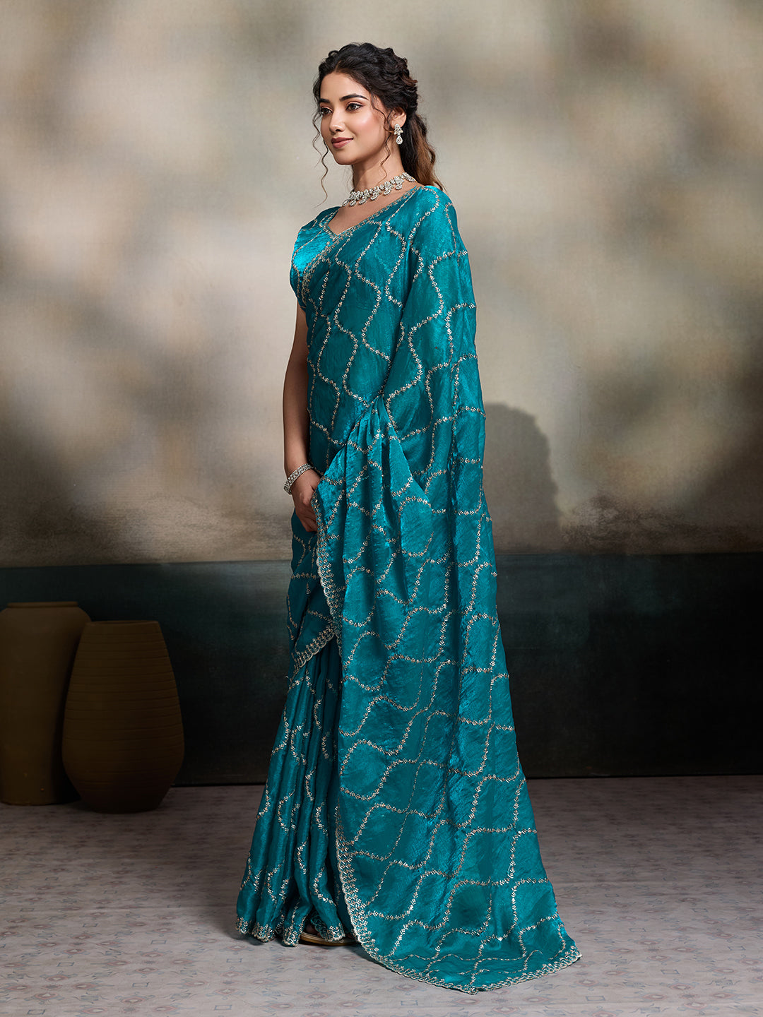 Teal Blue Embroidered Jimmy Choo Fandy Party Wear Saree