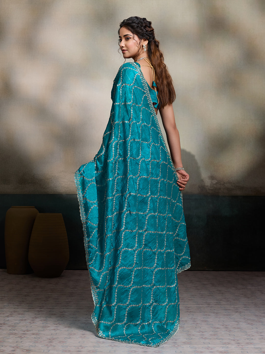 Teal Blue Embroidered Jimmy Choo Fandy Party Wear Saree
