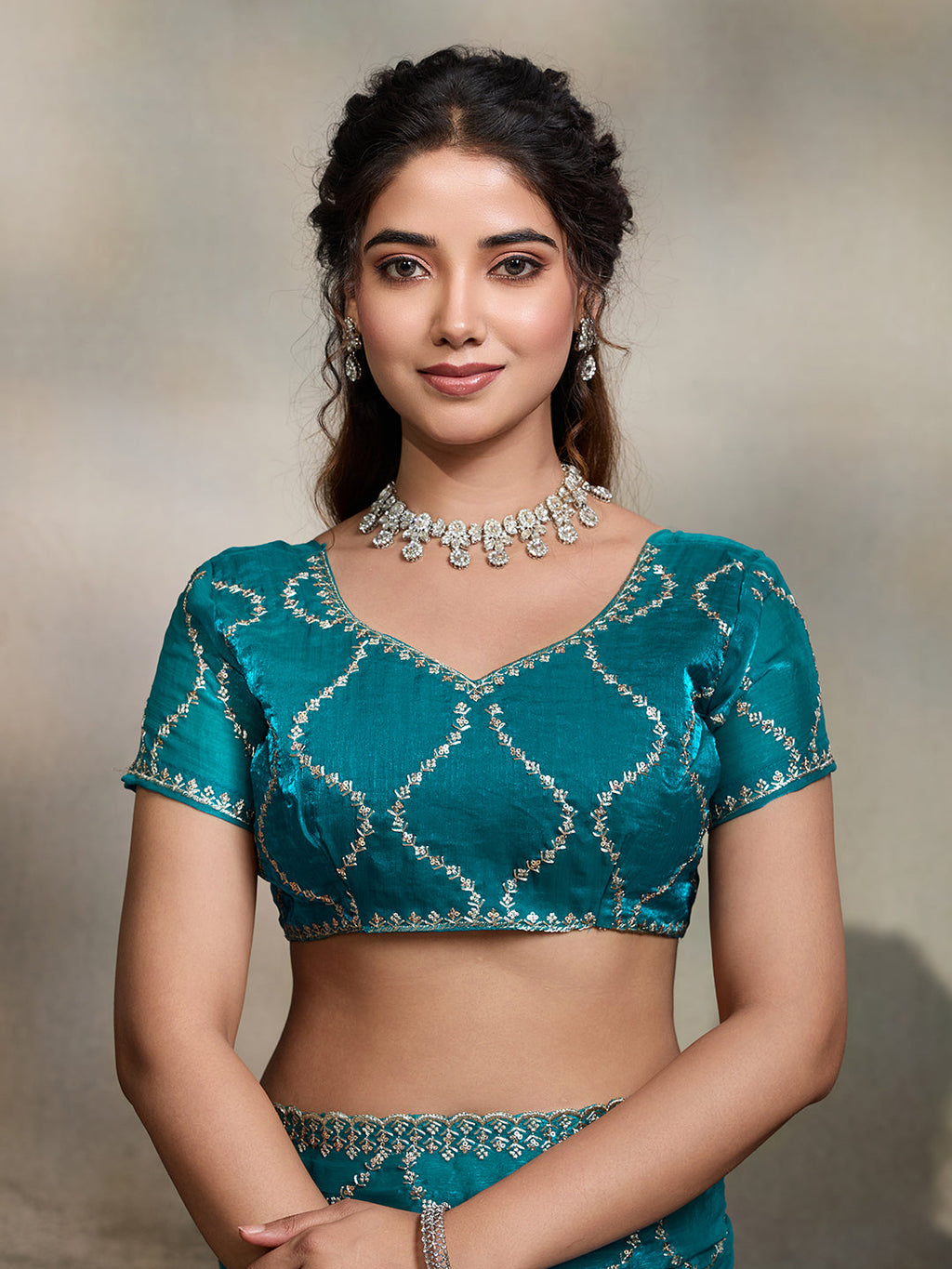 Teal Blue Embroidered Jimmy Choo Fandy Party Wear Saree