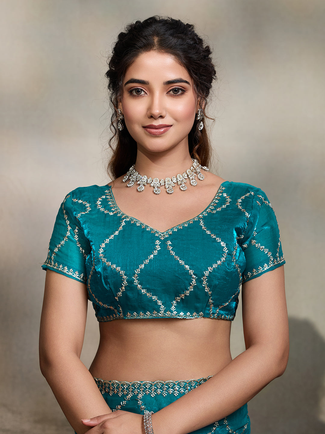 Teal Blue Embroidered Jimmy Choo Fandy Party Wear Saree