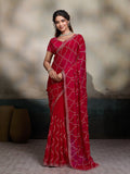 Red embroidered Jimmy Choo Fandy party wear saree with matching unstitched blouse