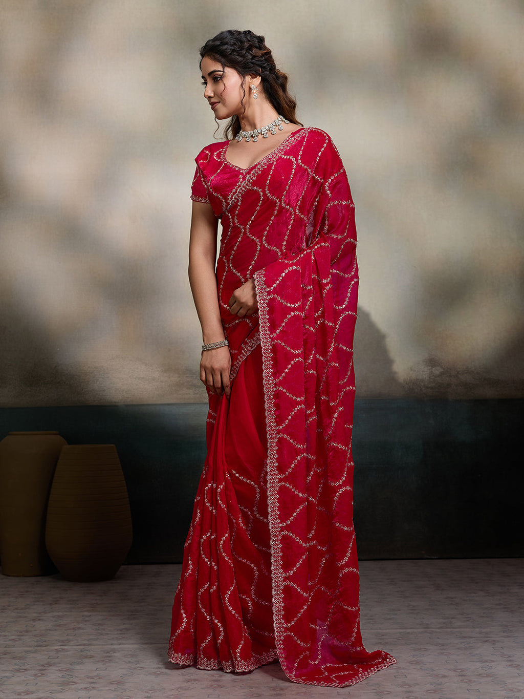 Red Embroidered Jimmy Choo Fandy Party Wear Saree with Blouse