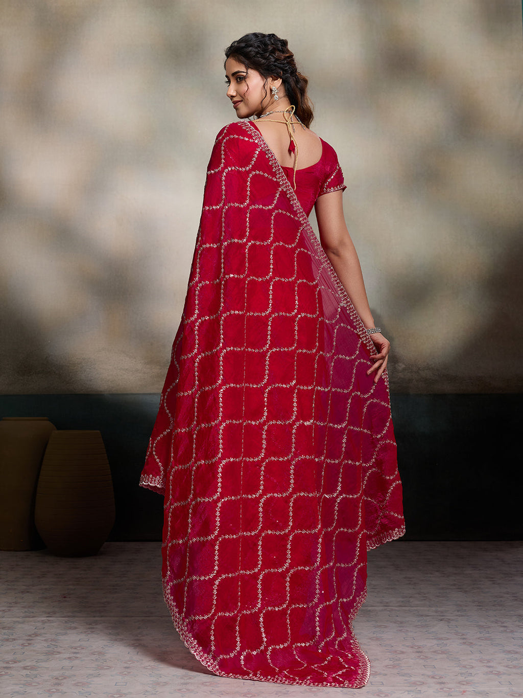 Red Embroidered Jimmy Choo Fandy Party Wear Saree with Blouse