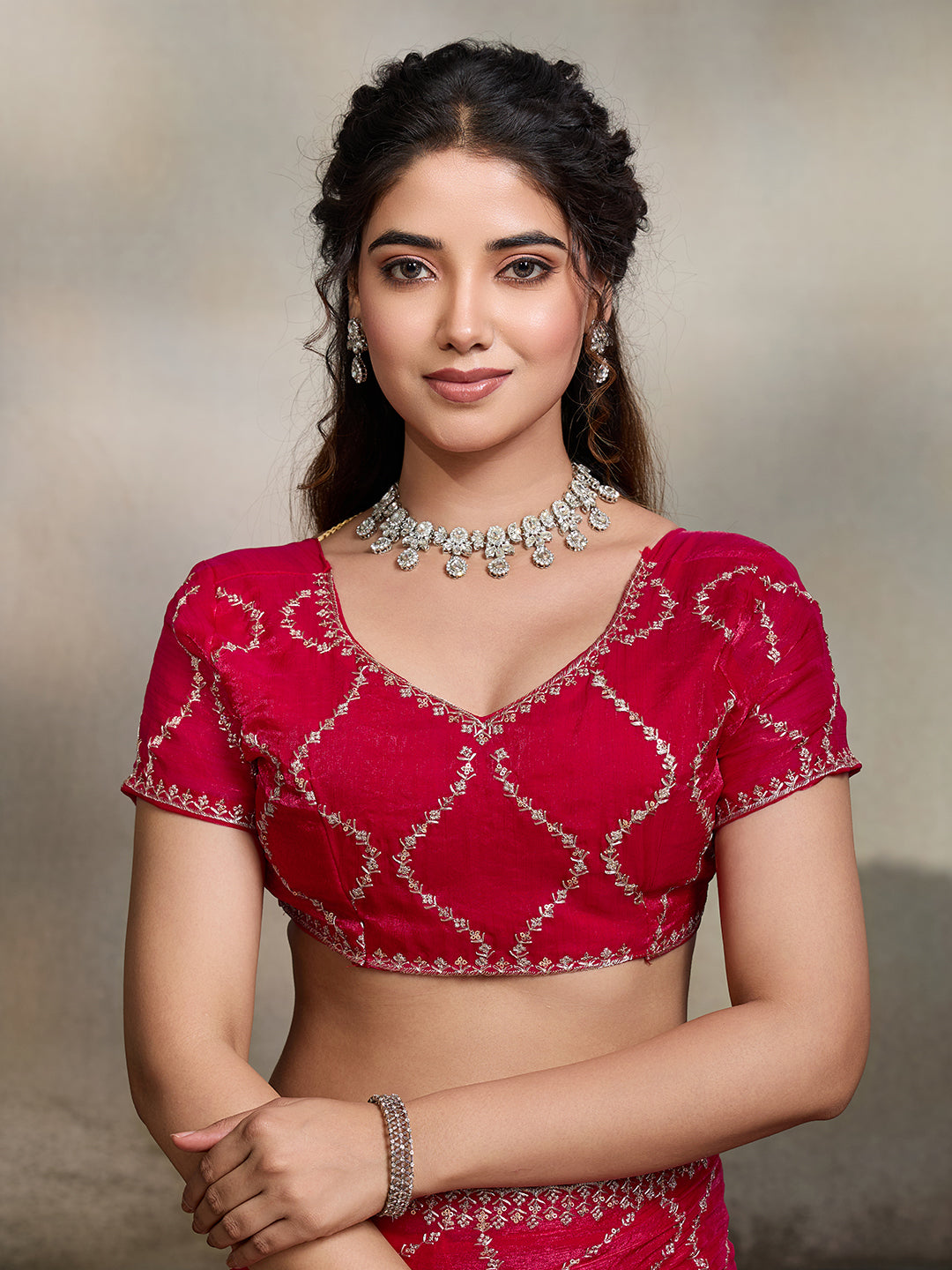 Red Embroidered Jimmy Choo Fandy Party Wear Saree with Blouse
