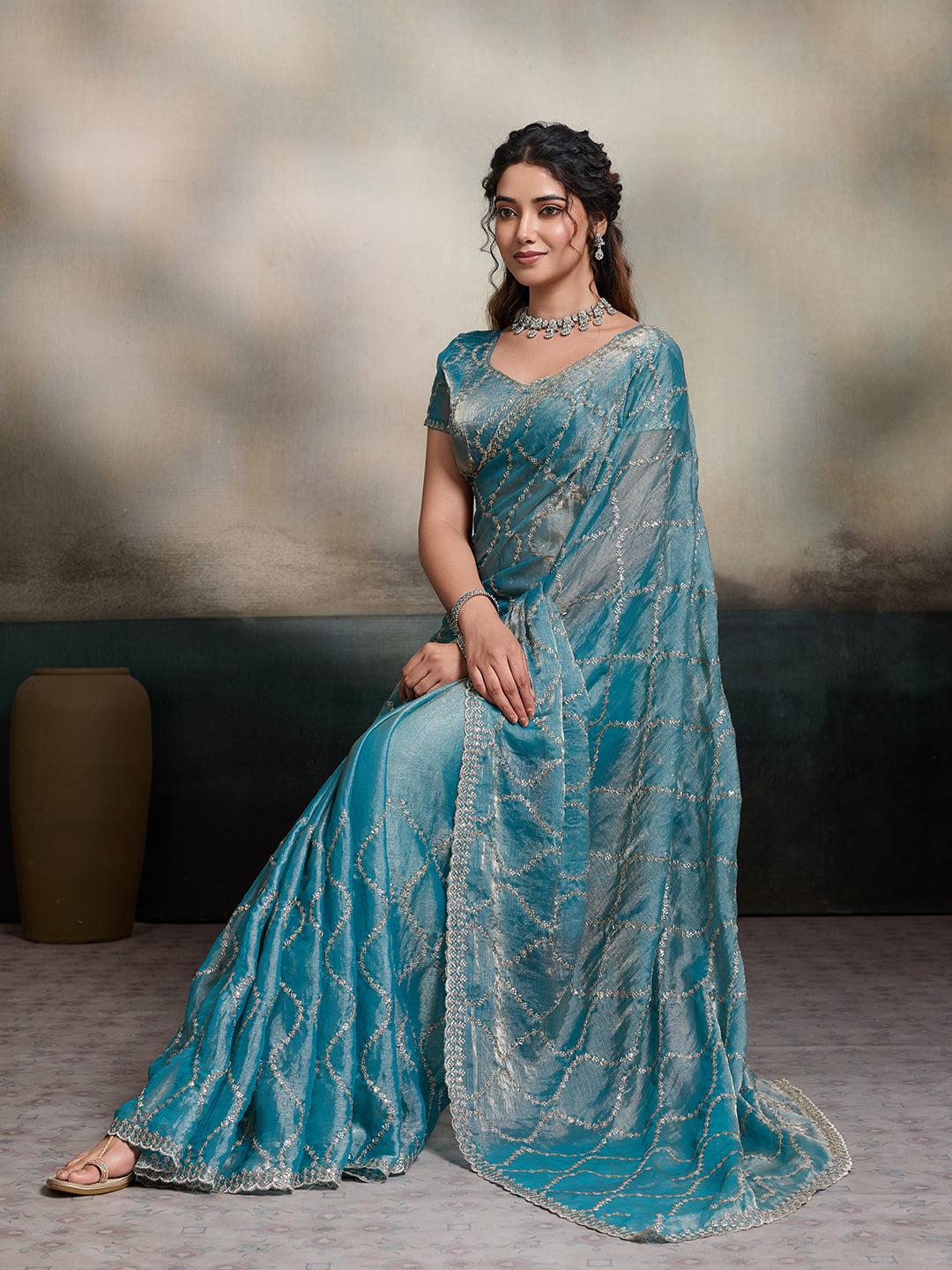 Sky Blue Embroidered Jimmy Choo Fandy Party Wear Saree with Blouse