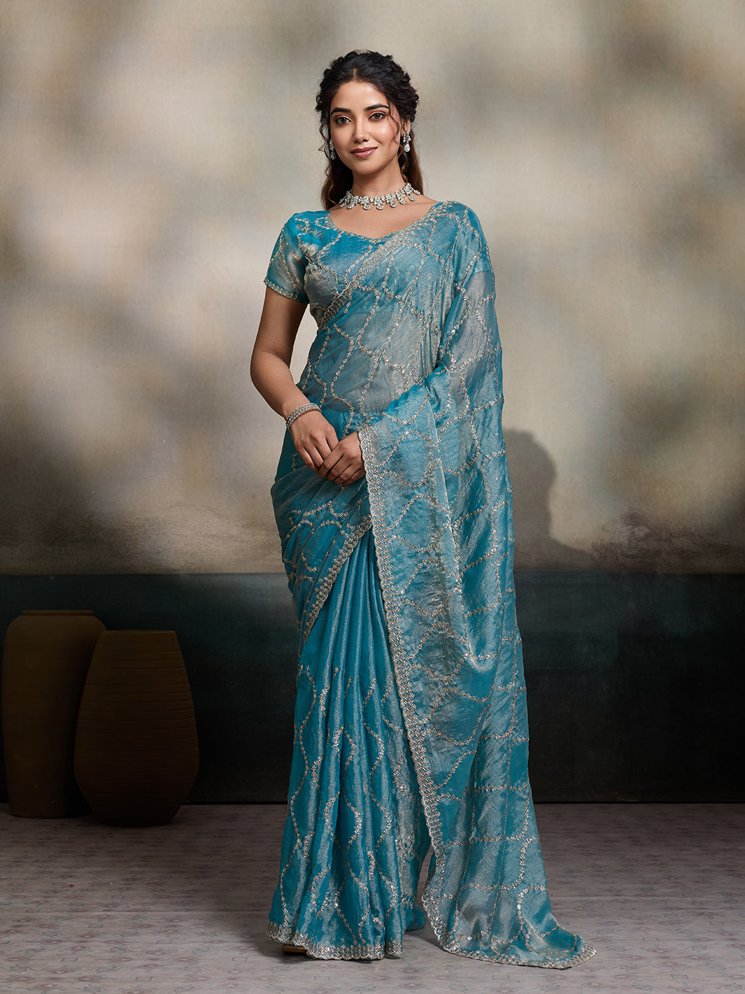 Sky blue Jimmy Choo Fandy embroidered party wear saree with unstitched blouse