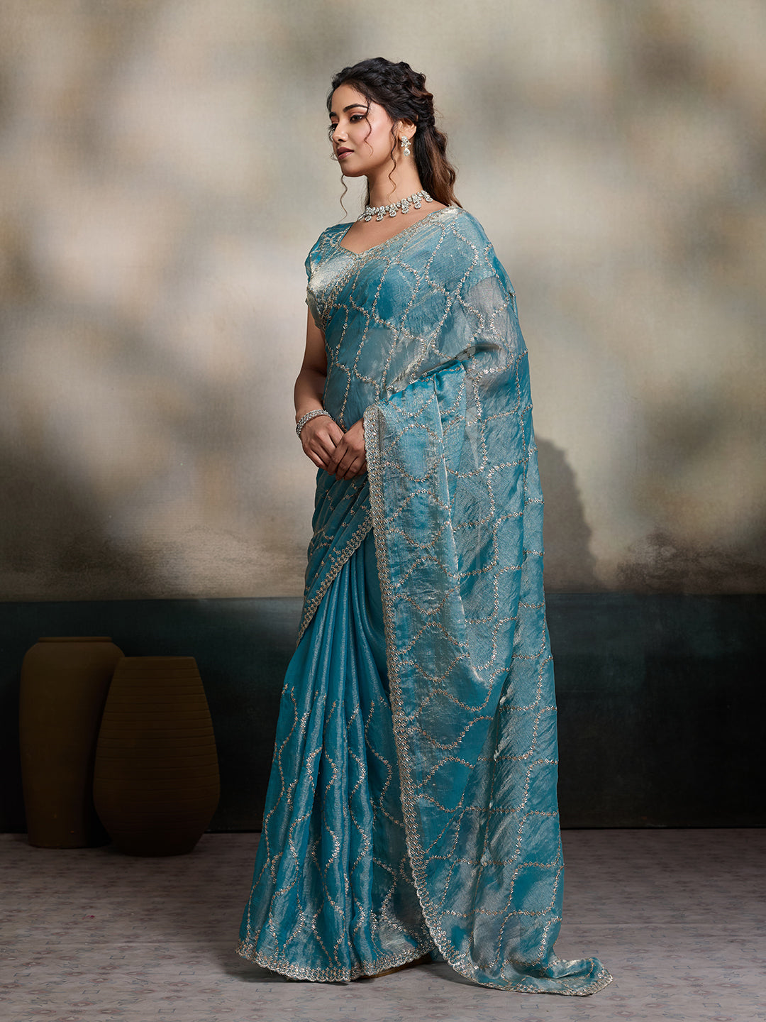 Sky Blue Embroidered Jimmy Choo Fandy Party Wear Saree with Blouse