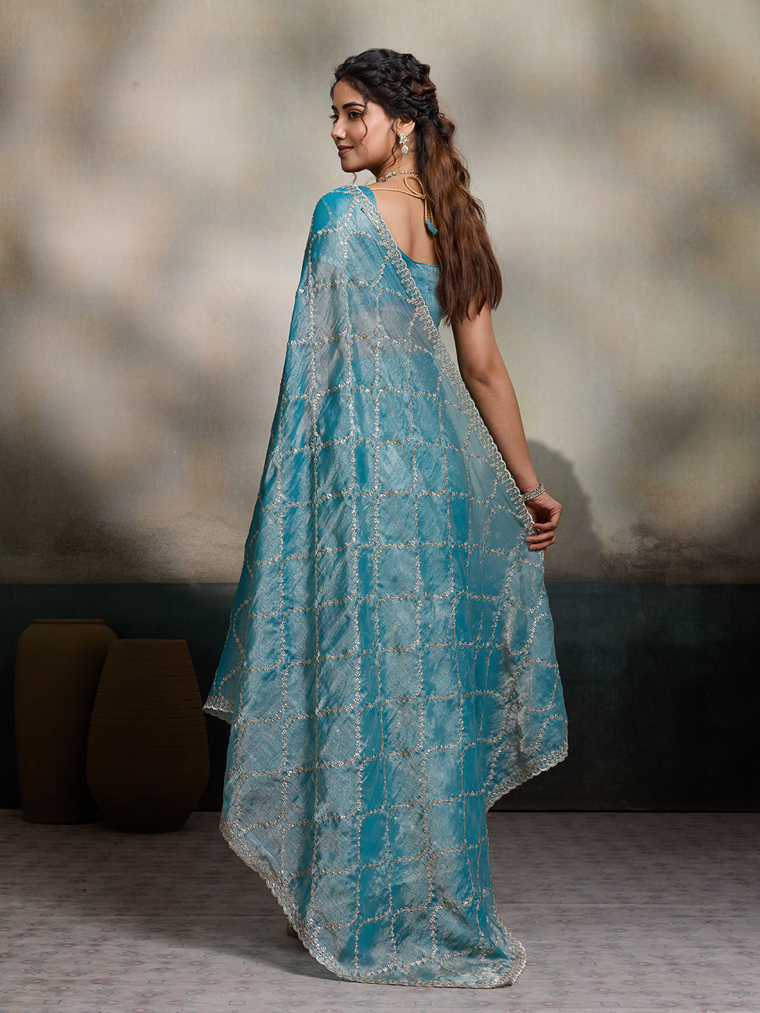 Sky Blue Embroidered Jimmy Choo Fandy Party Wear Saree with Blouse