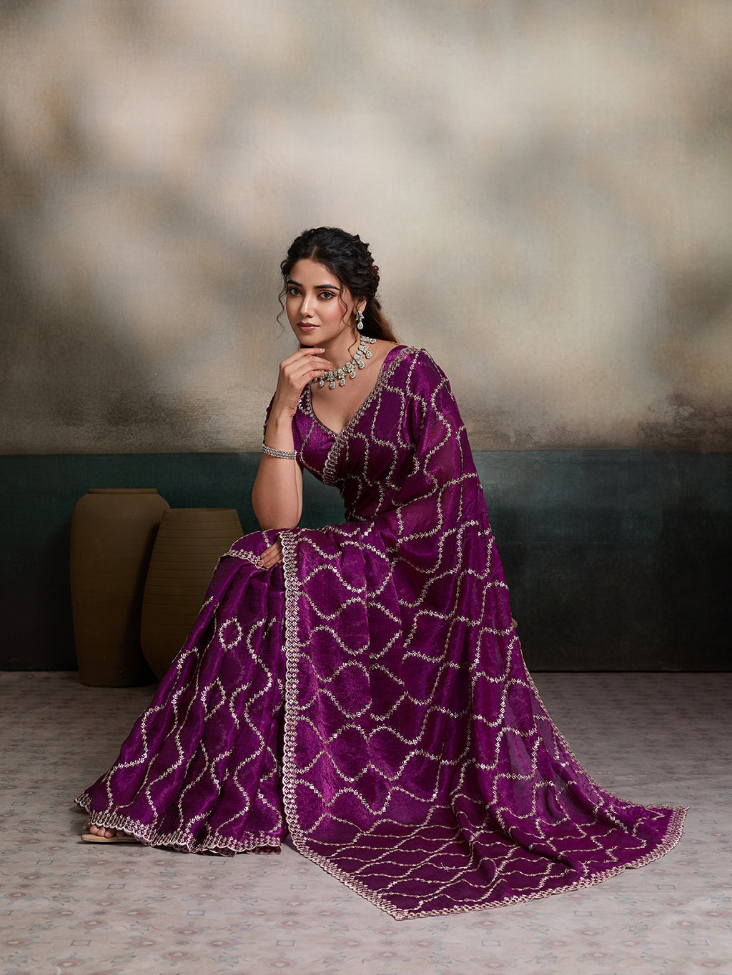 Wine Embroidered Jimmy Choo Fandy Party Wear Saree with Blouse