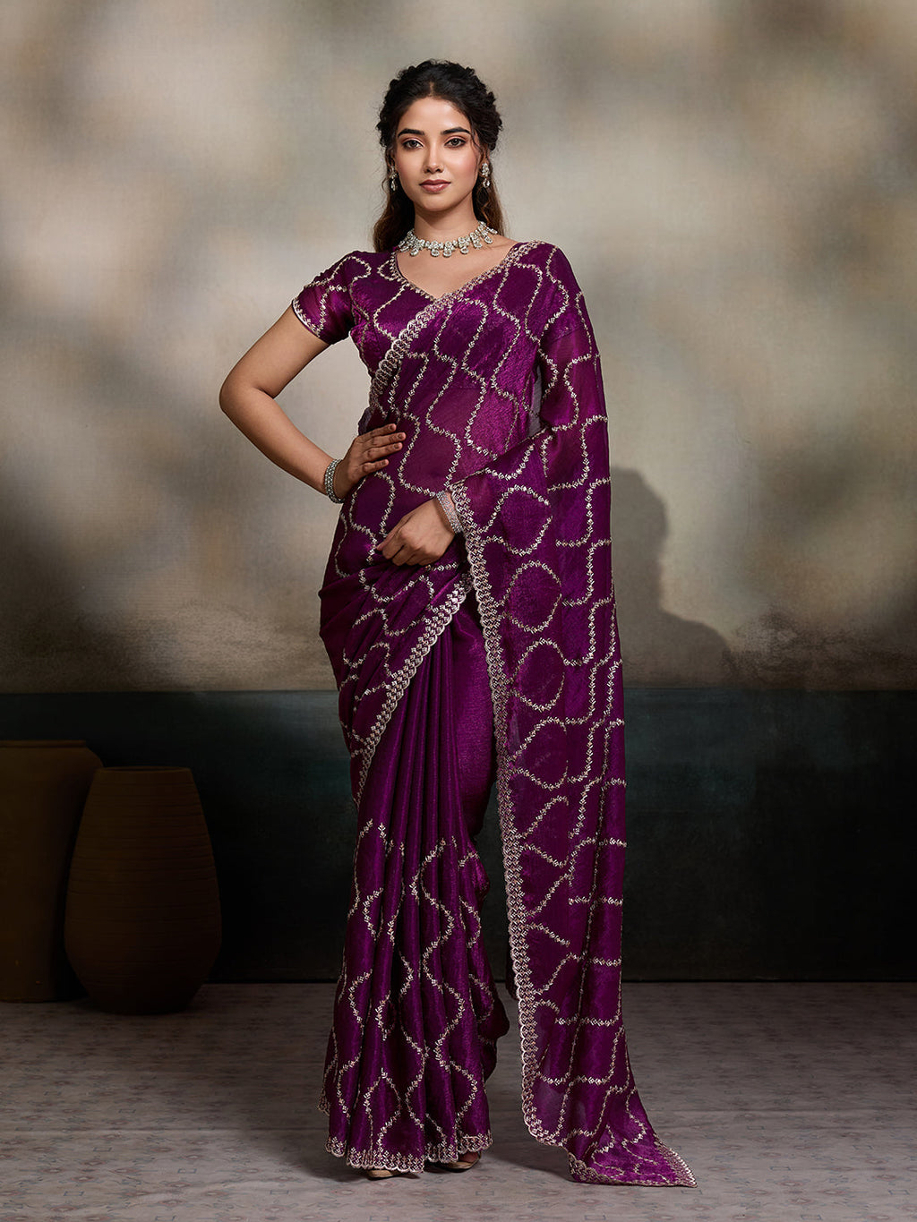 Wine embroidered Jimmy Choo Fandy party wear saree with unstitched blouse