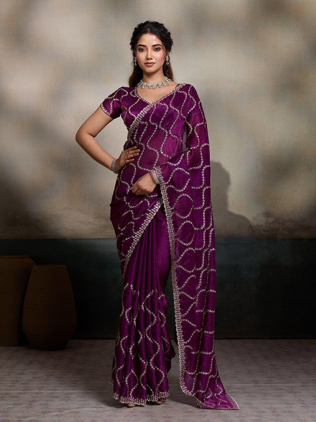 Wine embroidered Jimmy Choo Fandy party wear saree with unstitched blouse
