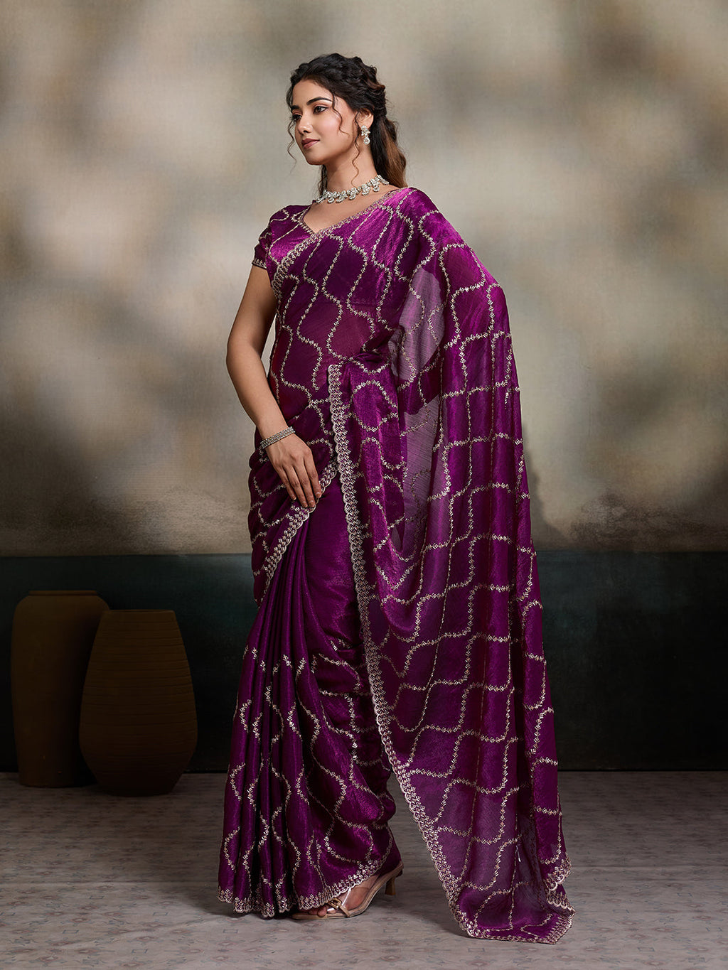Wine Embroidered Jimmy Choo Fandy Party Wear Saree with Blouse