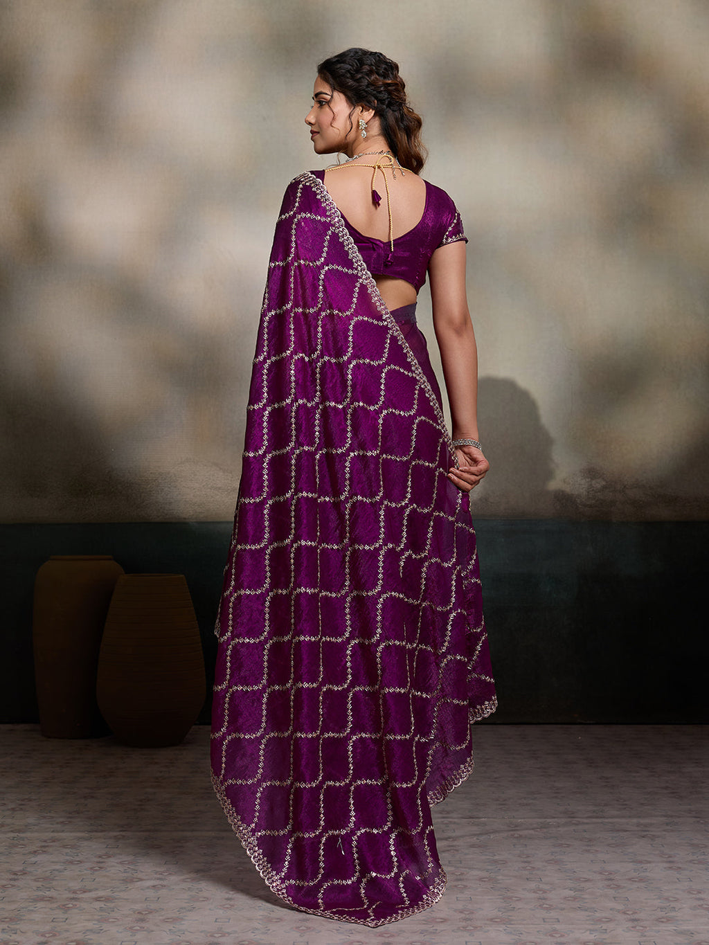 Wine Embroidered Jimmy Choo Fandy Party Wear Saree with Blouse