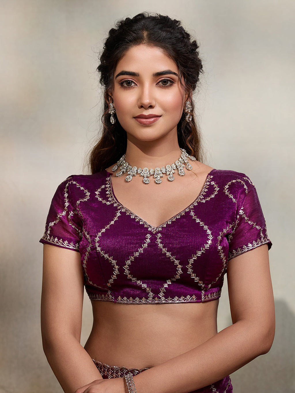 Wine Embroidered Jimmy Choo Fandy Party Wear Saree with Blouse