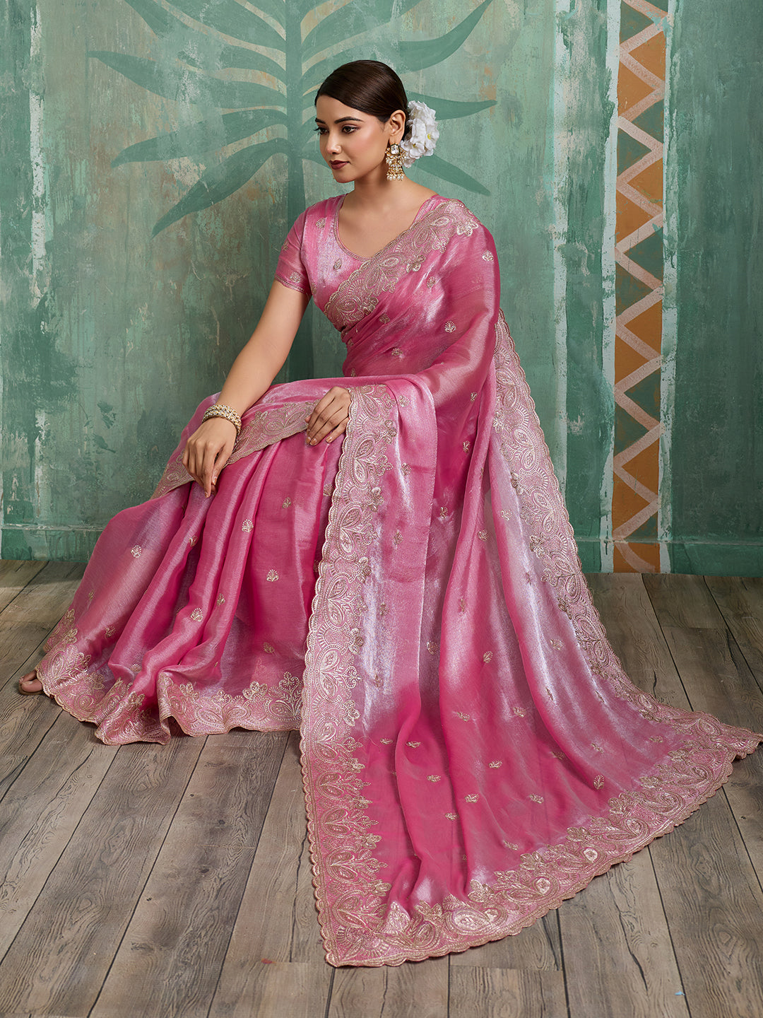 Pink Embroidered Jimmy Choo Organza Party Wear Saree with Blouse