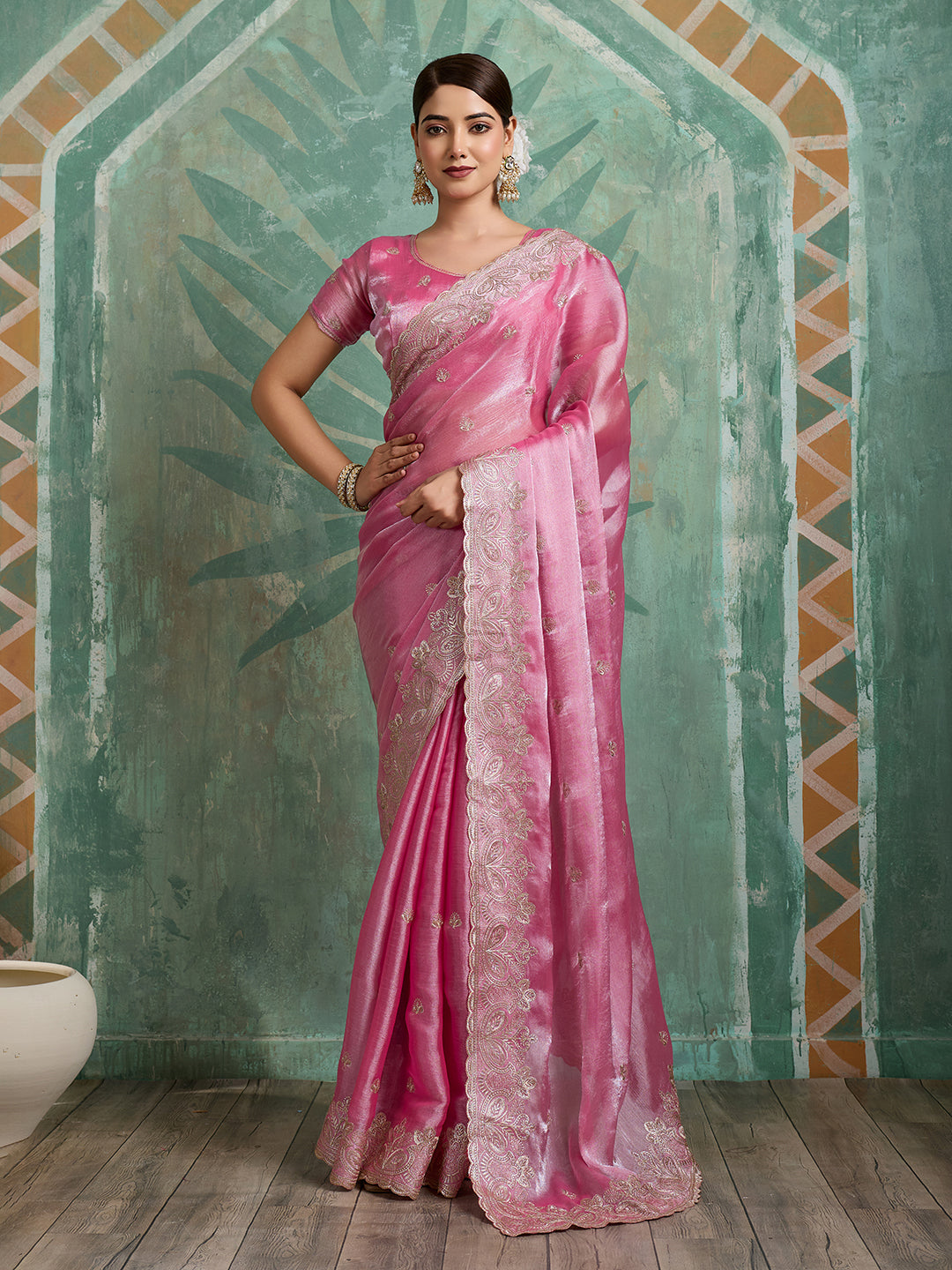 Pink embroidered Jimmy Choo Organza party wear saree