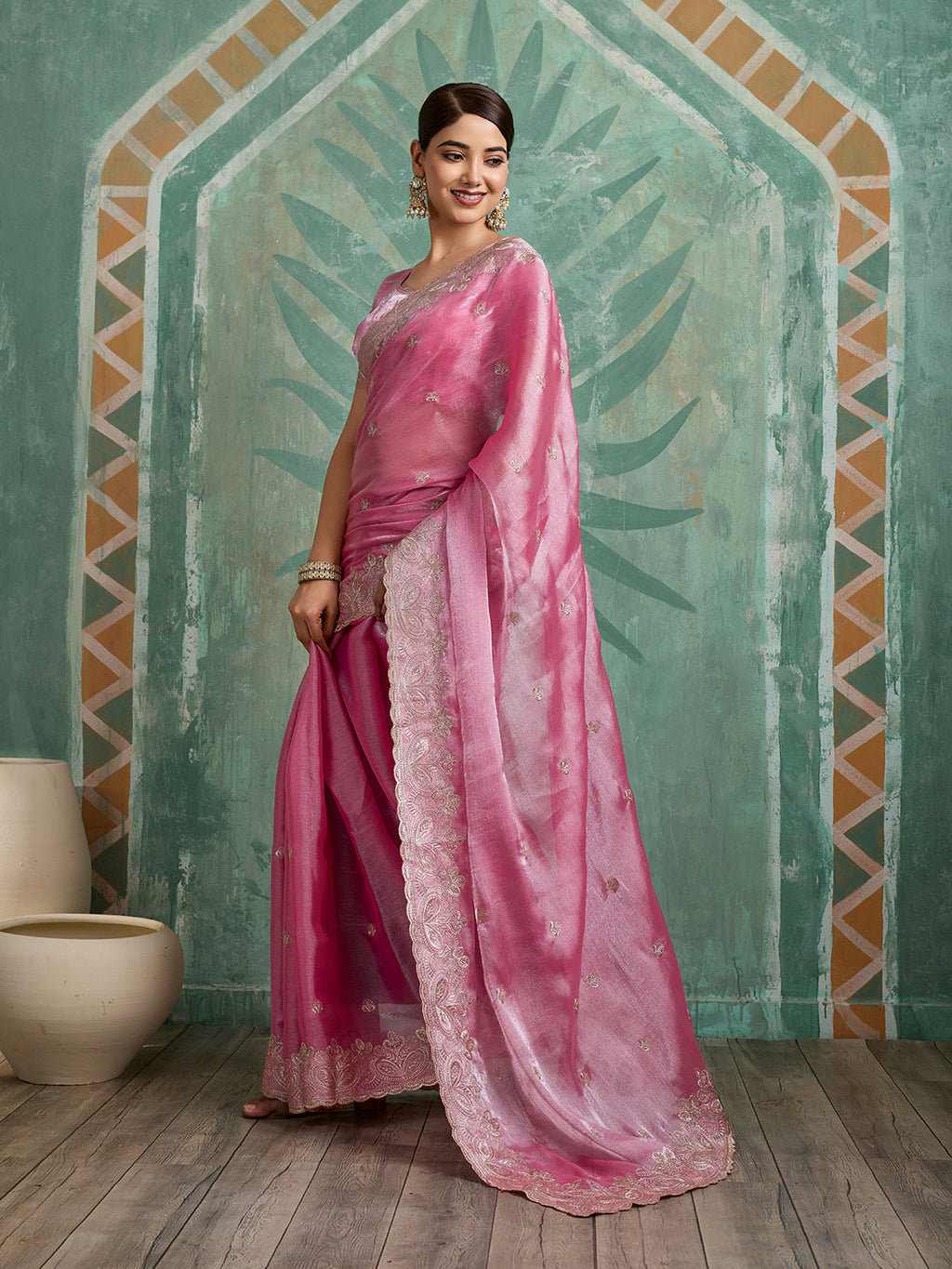 Pink Embroidered Jimmy Choo Organza Party Wear Saree with Blouse