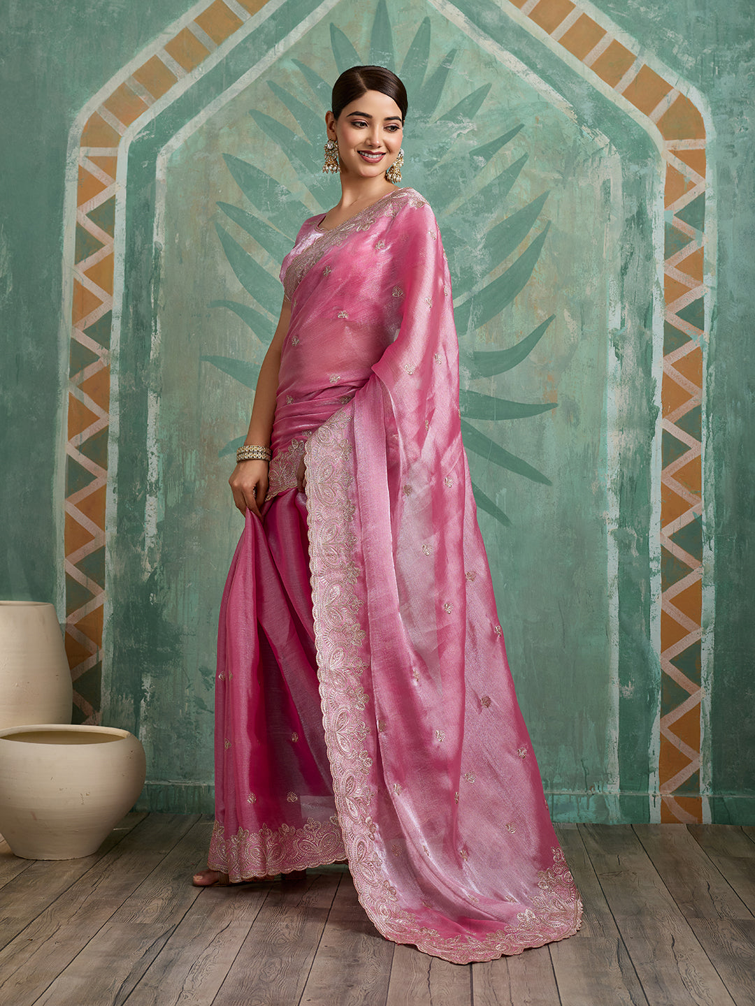 Pink Embroidered Jimmy Choo Organza Party Wear Saree with Blouse