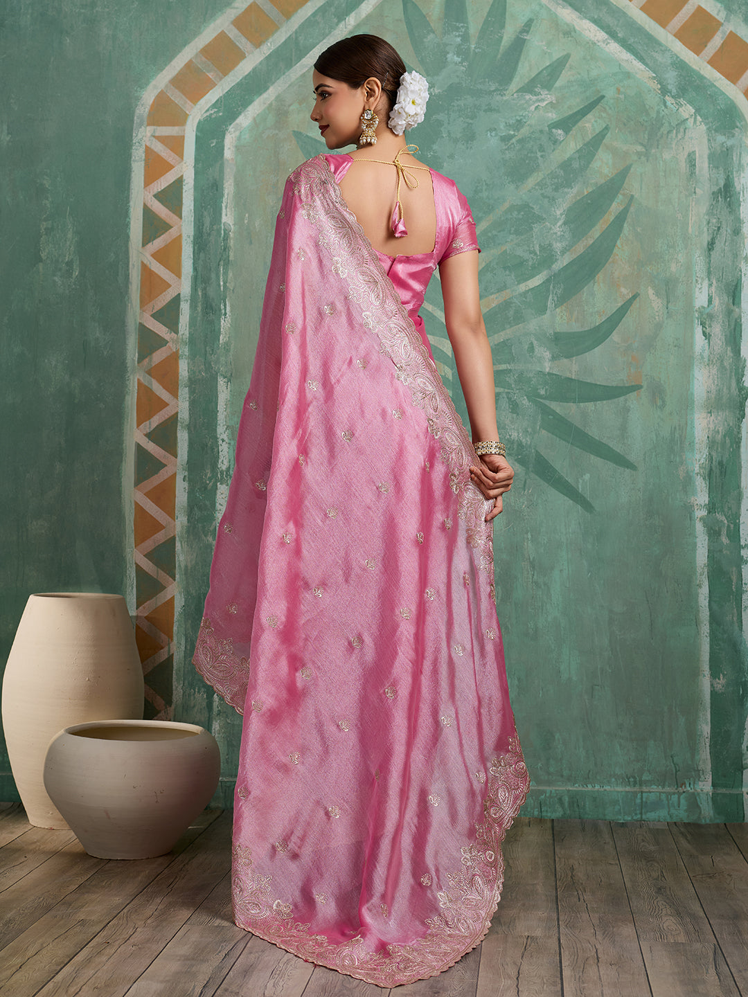 Pink Embroidered Jimmy Choo Organza Party Wear Saree with Blouse