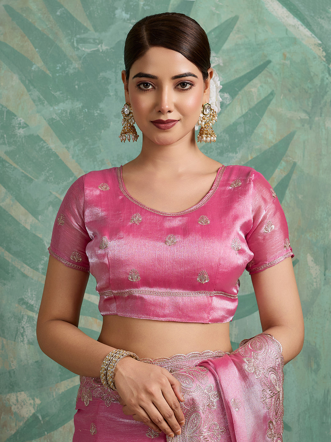 Pink Embroidered Jimmy Choo Organza Party Wear Saree with Blouse