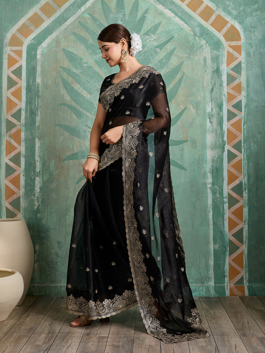 Black Embroidered Jimmy Choo Organza Party Wear Saree