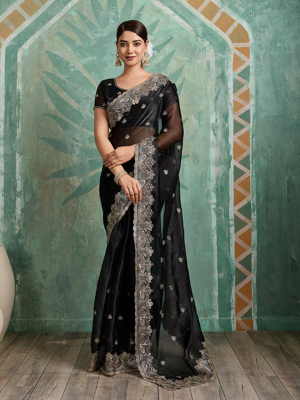 Black Jimmy Choo Organza embroidered party wear saree