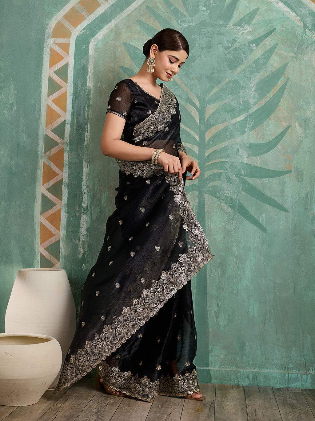 Black Embroidered Jimmy Choo Organza Party Wear Saree