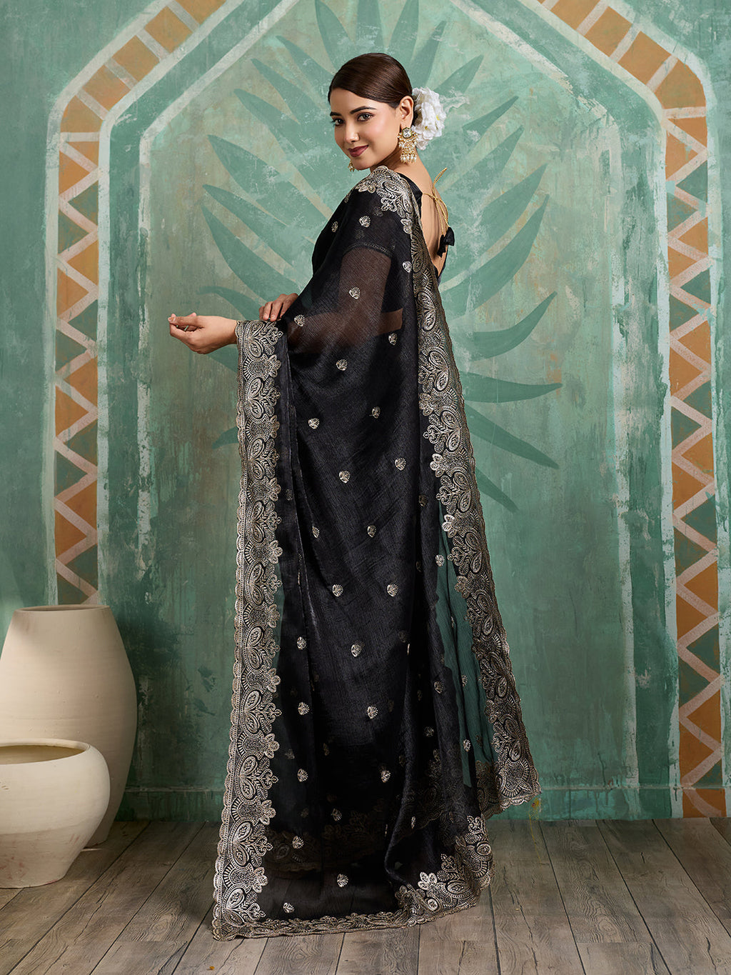 Black Embroidered Jimmy Choo Organza Party Wear Saree