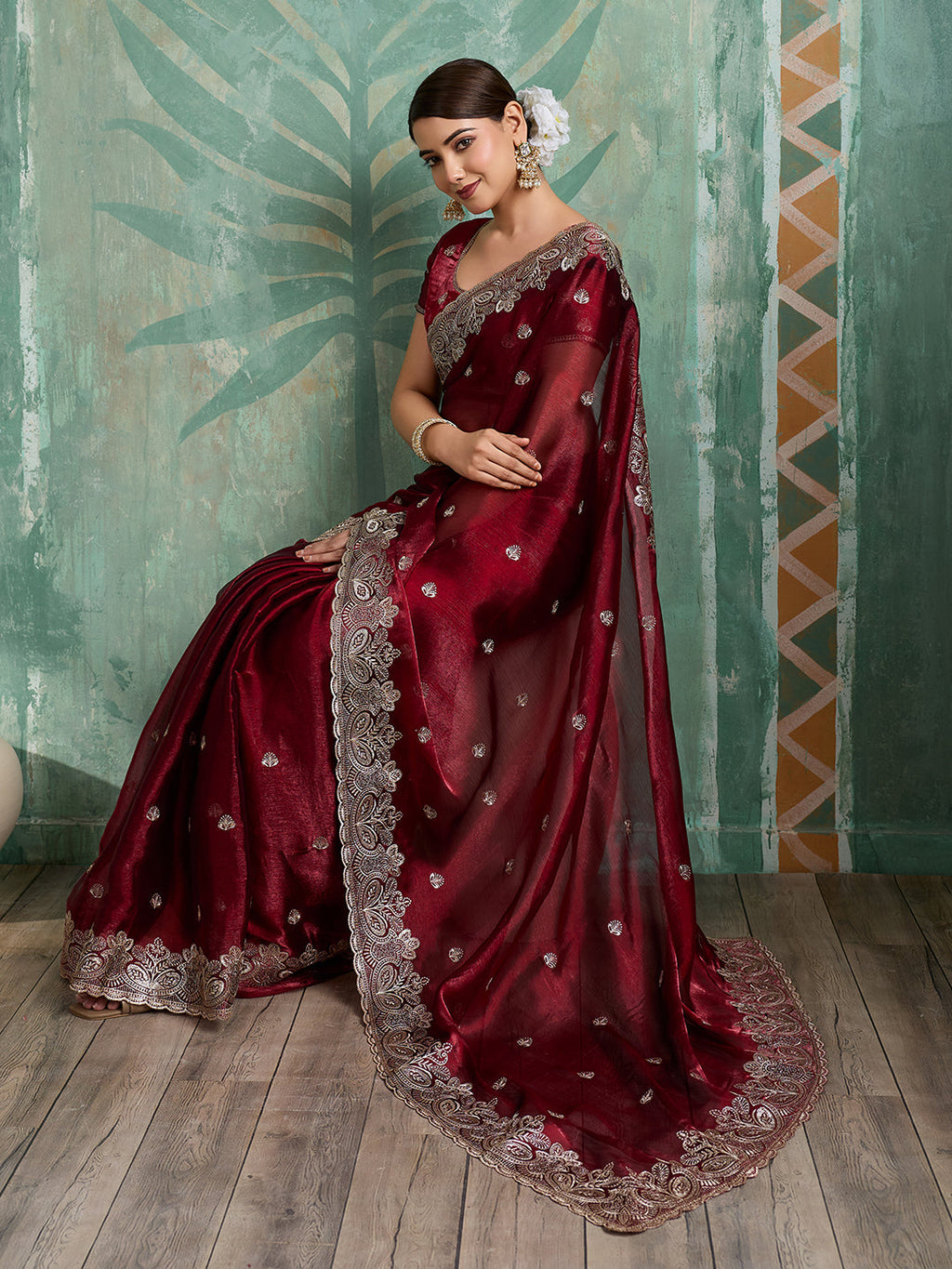 Maroon Party Wear Jimmy Choo Organza Saree