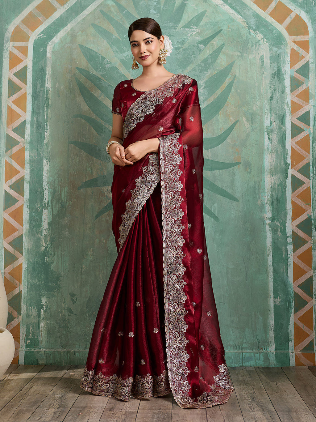 Maroon Jimmy Choo Organza party wear saree with elegant embroidery