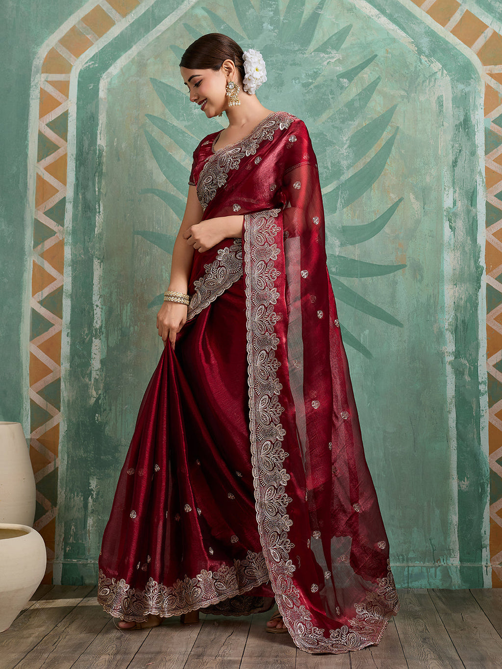 Maroon Party Wear Jimmy Choo Organza Saree